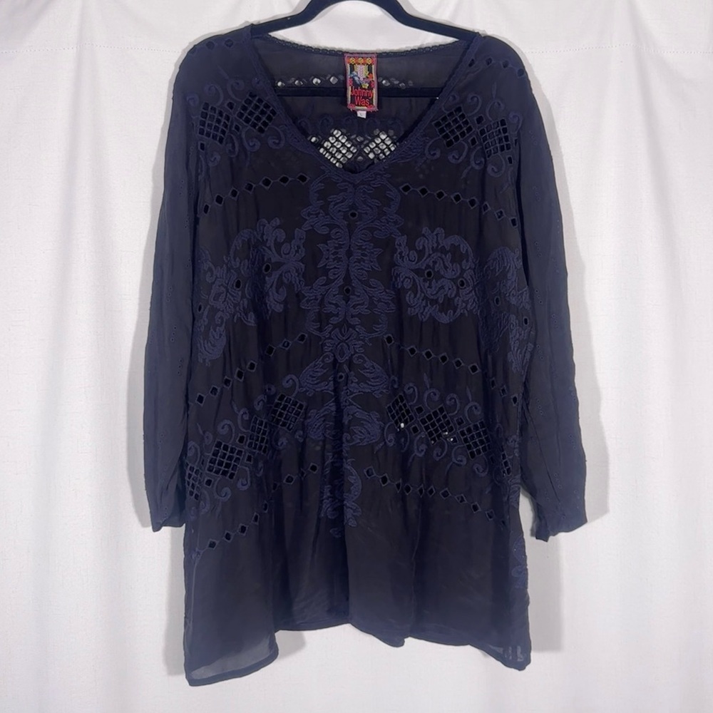 Johnny Was Black Embroidered Eyelet Blouse